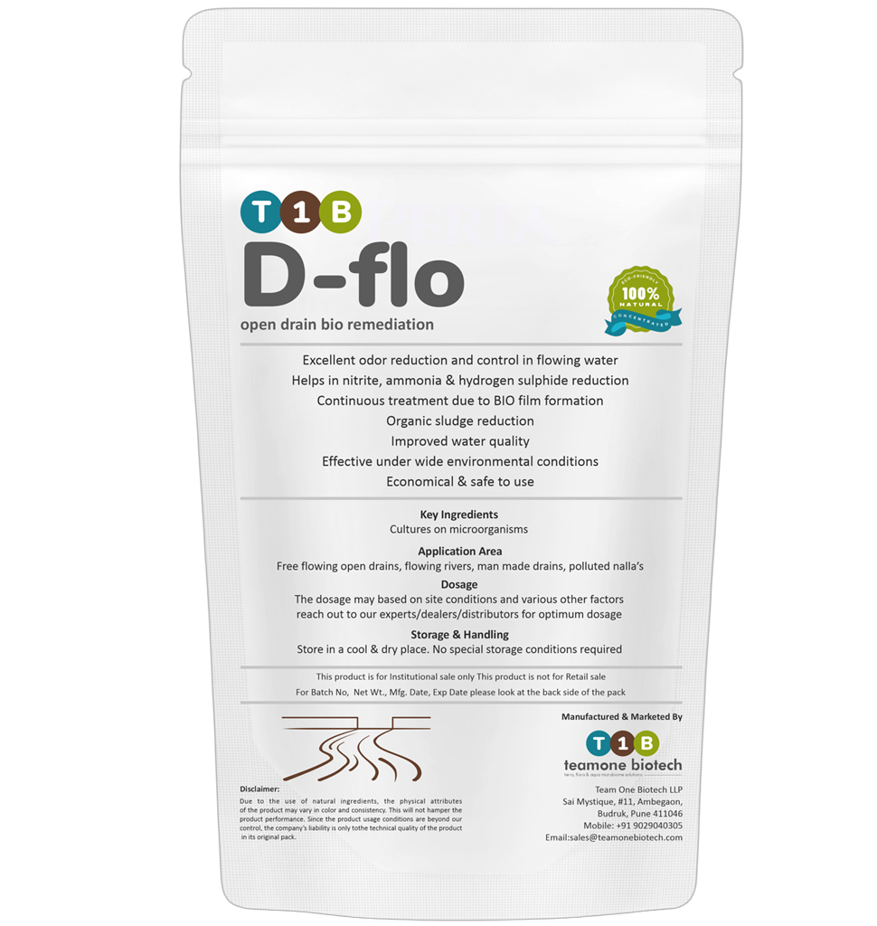 D-Flo is an effective solution to clean up running or flowing waterbodies including polluted drains. degrades oragnic & industrial sludge matter & TSS improves water quality